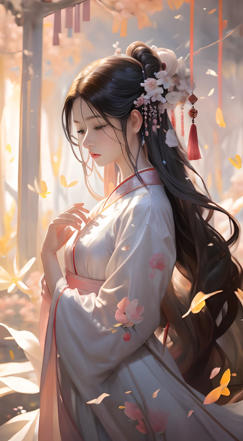Light pink peach blossom forest，A woman in a plain white dress sits on a swing，Petals all over the ground，Lady wearing plain white silk dress，A flowing dress，Long flowing black hair，The lady wears a Han dynasty costume，Hanfu，Flying glowing white fireflies，wide angles，Hyper-realistic，Beautiful，softlighting，Romantic national style