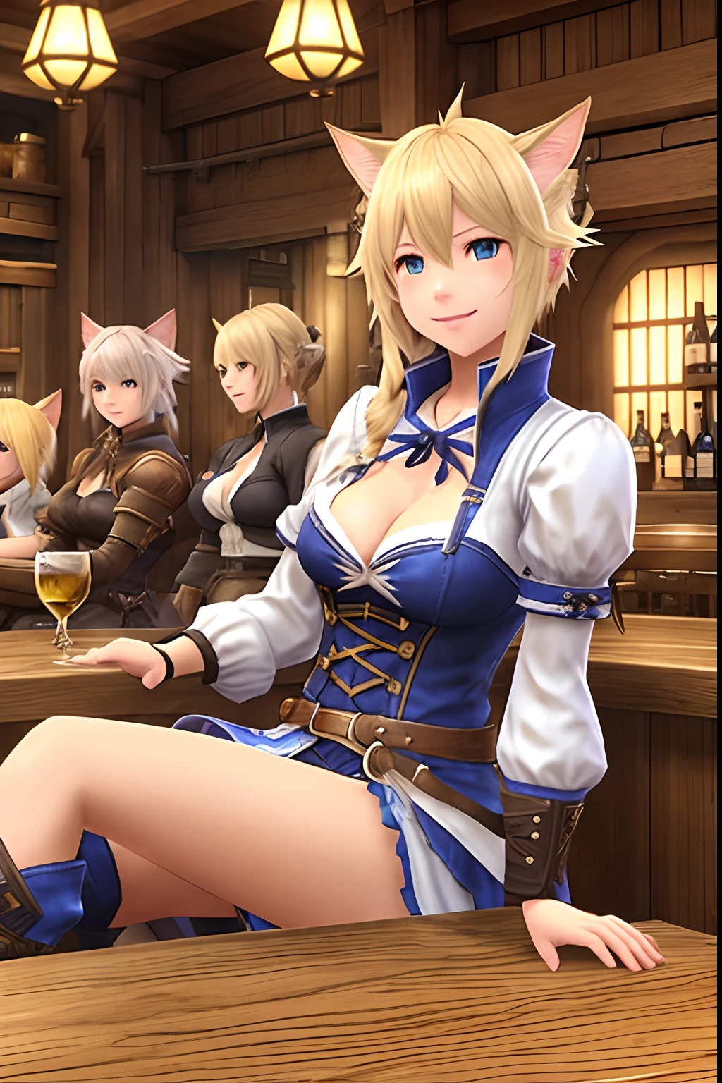 blonde miqote with messy short hair, catgirl, wearing adventurer clothes, laughing, happy, smiling at a bar, inside a tavern, bright blue eyes, blonde fluffy hair, soft fluffy ears, final fantasy xiv style, final fantasy xiv, limsa lominsa, surrounded by friends, sitting at a table --auto
