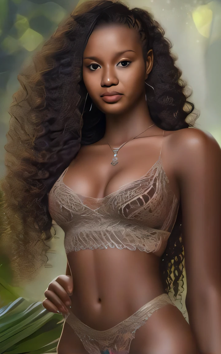 a painting of a woman in a bikini and panties posing for a photo, Princesa africana deslumbrante, pele escura deusa feminina do amor, Princesa negra africana, deusa bonita, Princesa Africana, linda mulher bonita, mulher linda, com pele parda, Rainha africana, pardo, epic 3 d oshun, beautiful city black woman only, pele castanha escura, menina sexy com tez escura