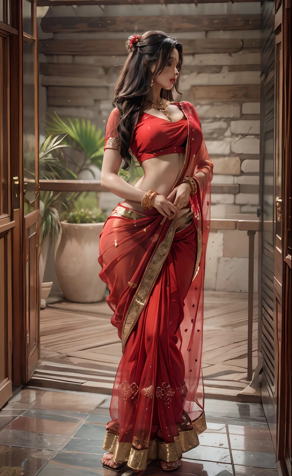 Indian look erotica look hot bhabhi transparent dark red saree  red panty big ass 8k photography