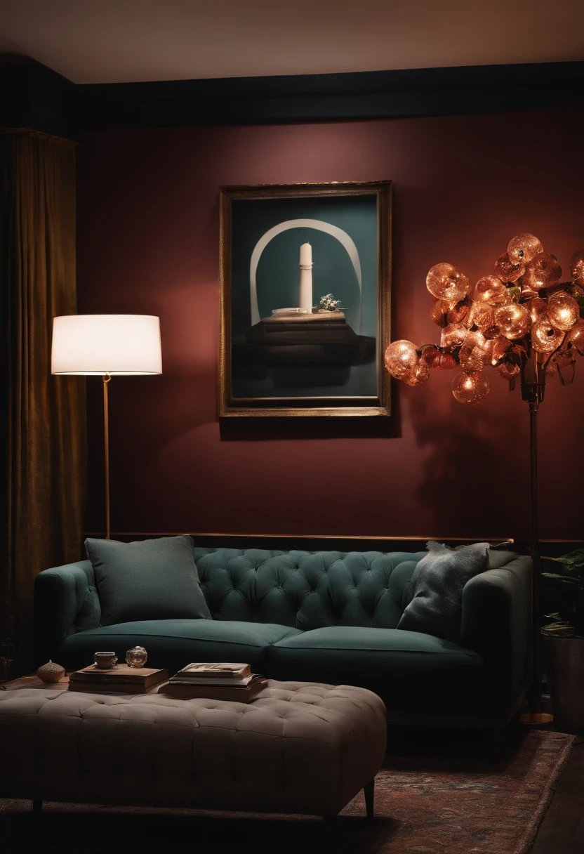 Photo of a modern living room with a sofa in the center. A seated man, highly detailed. Next to it is a modern floor lamp with a diffused light. On the dark wall, it says "Hope dies last"