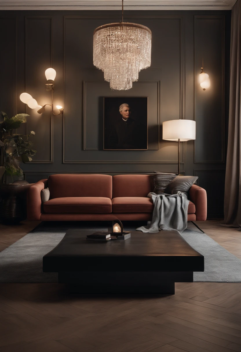 Photo of a modern living room with a sofa in the center. A seated man, highly detailed. Next to it is a modern floor lamp with a diffused light. On the dark wall, it says "Hope dies last"