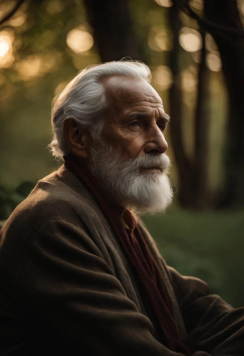 (best quality,4k,8k,highres,masterpiece:1.2),ultra-detailed,realistic,portrait,old man sitting and thinking,outdoor setting,natural lighting,contemplation,wrinkled face,long white beard,gray hair,aged and wise,deep in thought,facial expression,serene and pensive,mature,rich life experience,wisdom,meditation,peaceful environment,introspection,solitude,leisure time,serenity,tranquility,vivid colors,subtle shadows,soft focus,subdued tones,silhouette of trees in the background