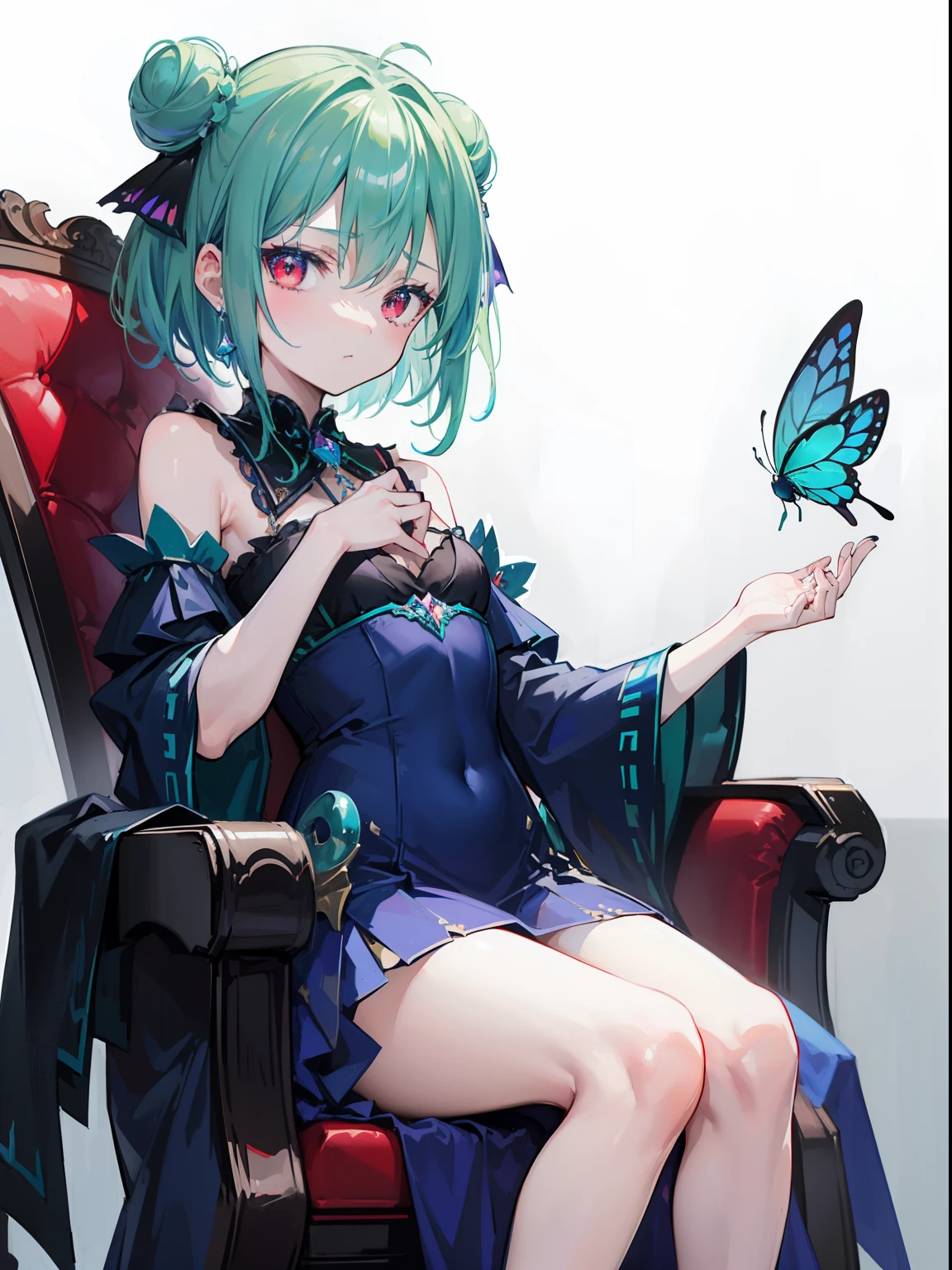 {Moist feather(hololive}}, 1girl, short hair, double bun, {emeraldgreen hair}, {{Red eyes}}、​masterpiece、top-quality、{dynamic angle}, flat chest, 小柄、{hatred}、irate、{Deadly}、demon king、a throne、Aura of Darkness、Dark blue dress、demon realm、Blue winged butterfly、watching at viewers、