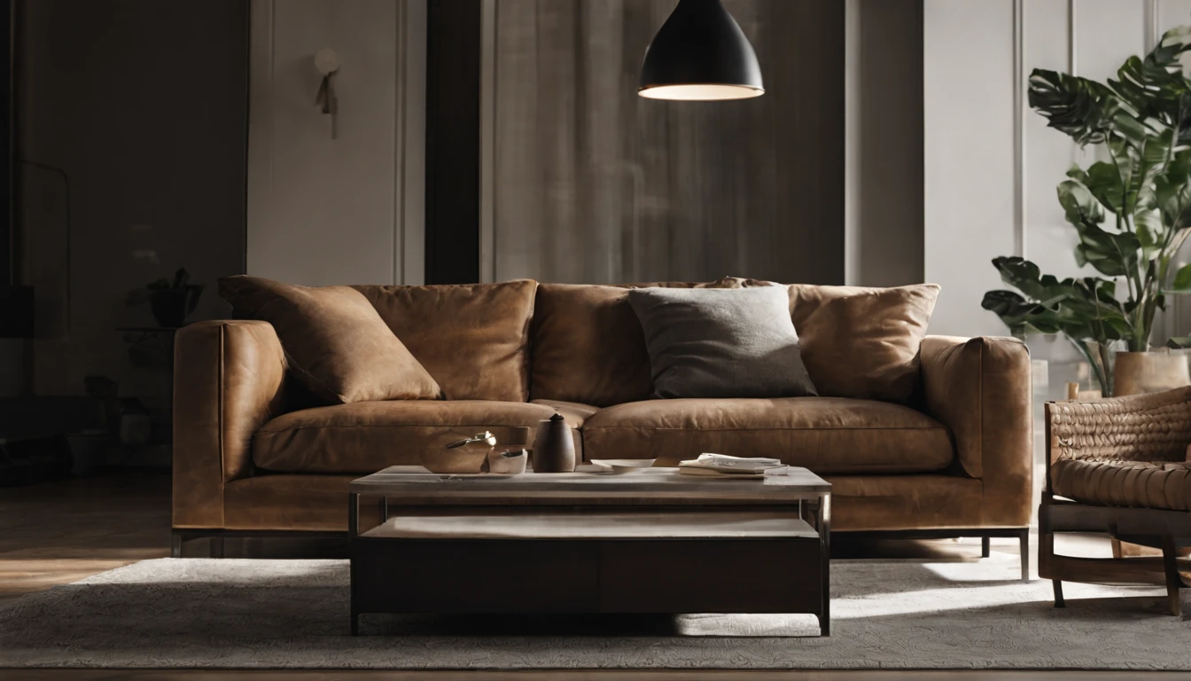 Photo of a modern living room with a sofa in the center. A seated man, highly detailed. Next to it is a modern floor lamp with a diffused light, 4K, cinematic