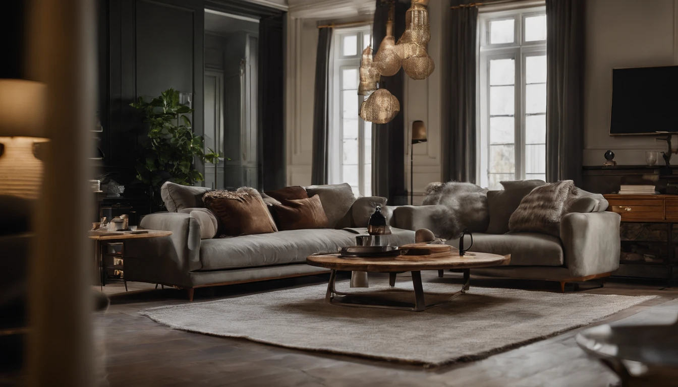 Photo of a modern living room with a sofa in the center. A seated man, highly detailed. Next to it is a modern floor lamp with a diffused light, 4K, cinematic