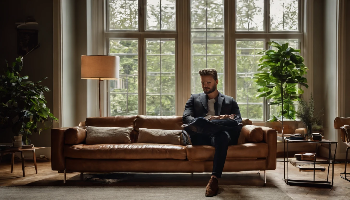 Photo of a modern living room with a sofa in the center. A seated man, highly detailed. Next to it is a modern floor lamp with a diffused light, 4K, cinematic