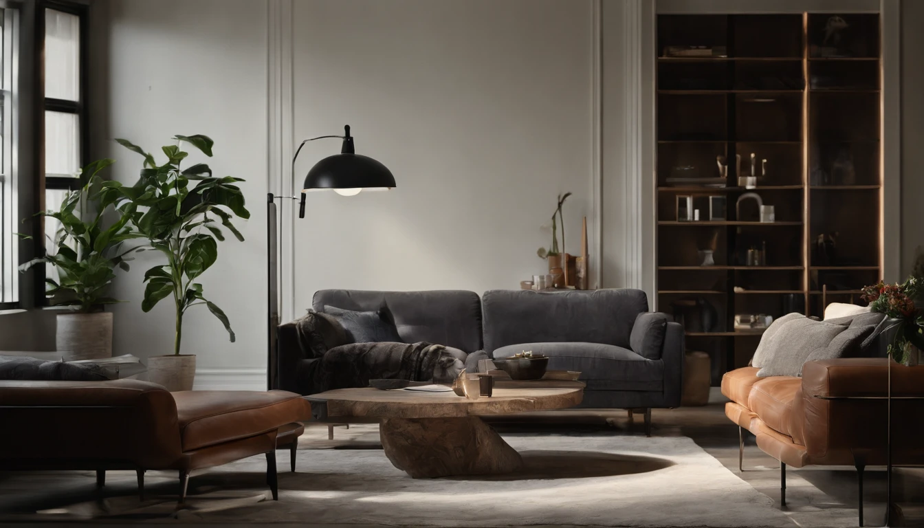 Photo of a modern living room with a sofa in the center. A seated man, highly detailed. Next to it is a modern floor lamp with a diffused light, 4K, cinematic