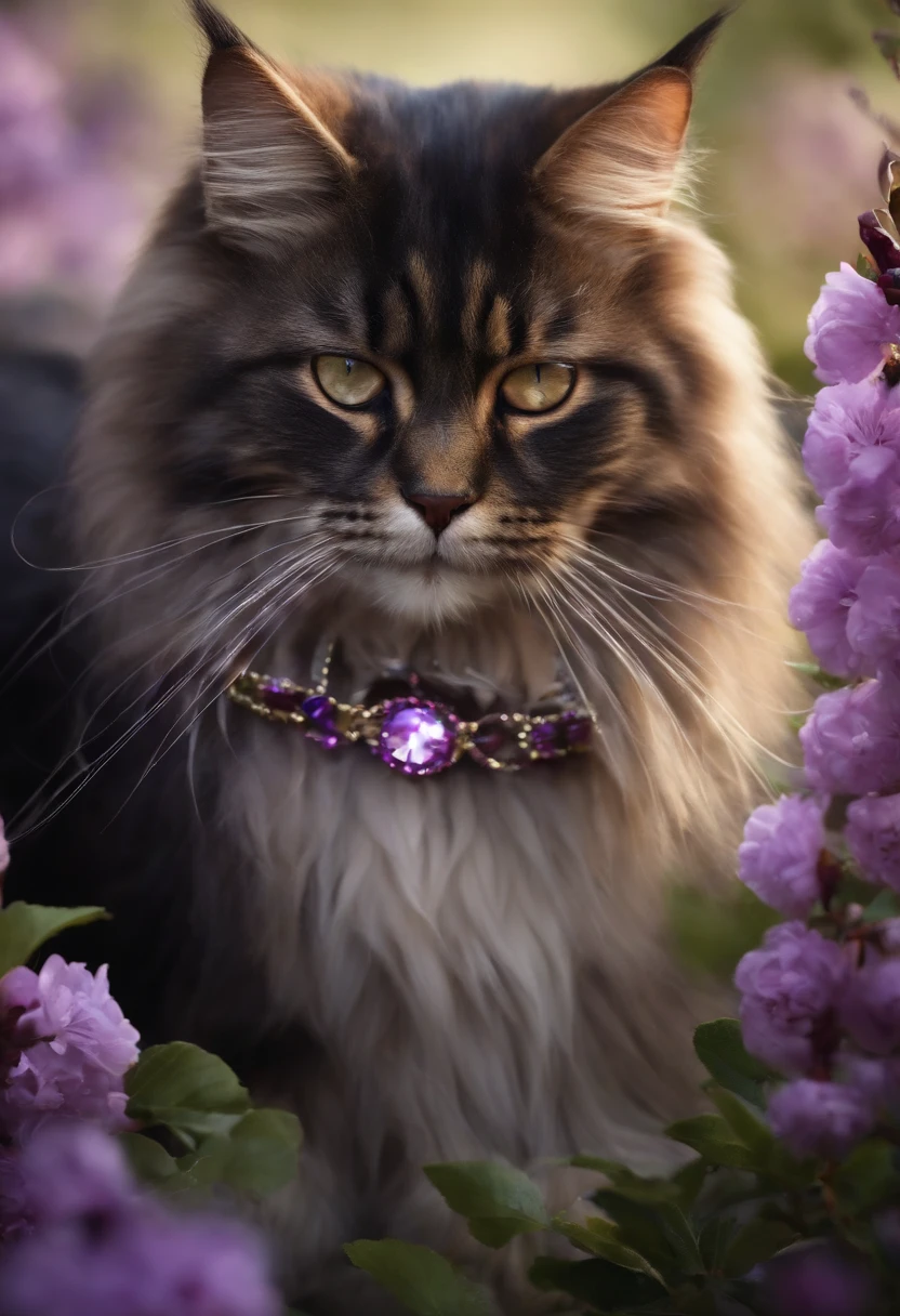 Chat maincoon sombre dans un champs de cerisier en fleurs, Close-up of a very detailed sword decorated with purple and gold gems.