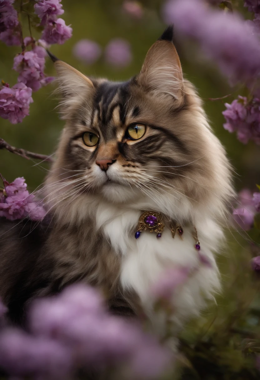 Chat maincoon sombre dans un champs de cerisier en fleurs, Close-up of a very detailed sword decorated with purple and gold gems.