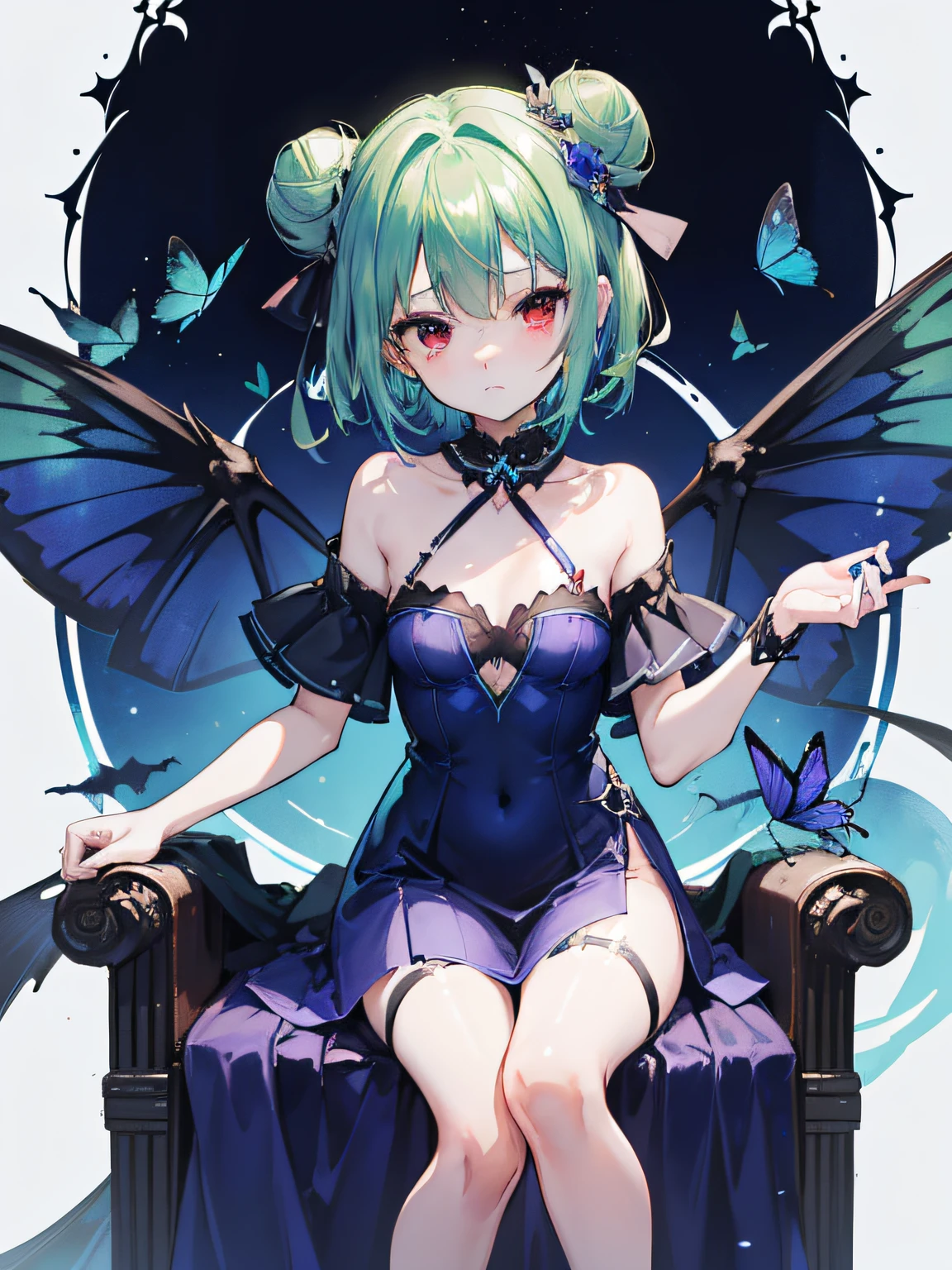 {Moist feather(ho****ve}}, 1girl, short hair, double bun, {emeraldgreen hair}, {{Red eyes}}、​masterpiece、top-quality、{dynamic angle}, flat chest, 小柄、{hatred}、irate、{Deadly}、demon king、a throne、Aura of Darkness、Dark blue dress、demon realm、Blue winged butterfly、{watching at viewers}、