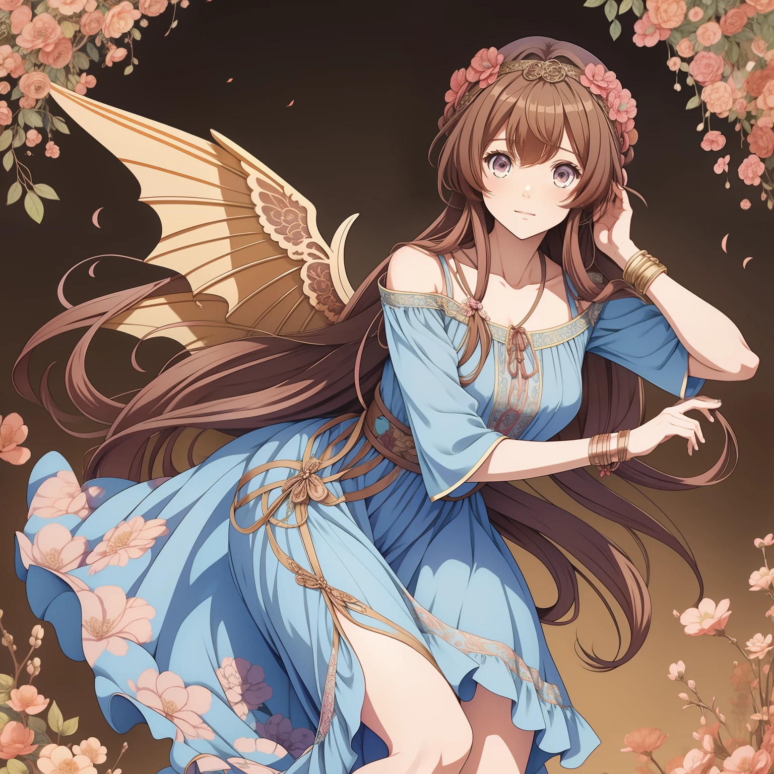 Long brown cotton brown hair with winged hair accessories, pink floral bracelets, a blue dragon-waist band, light bule armhole dress. Artist Irina French,Mary Jurgens ,manga character,