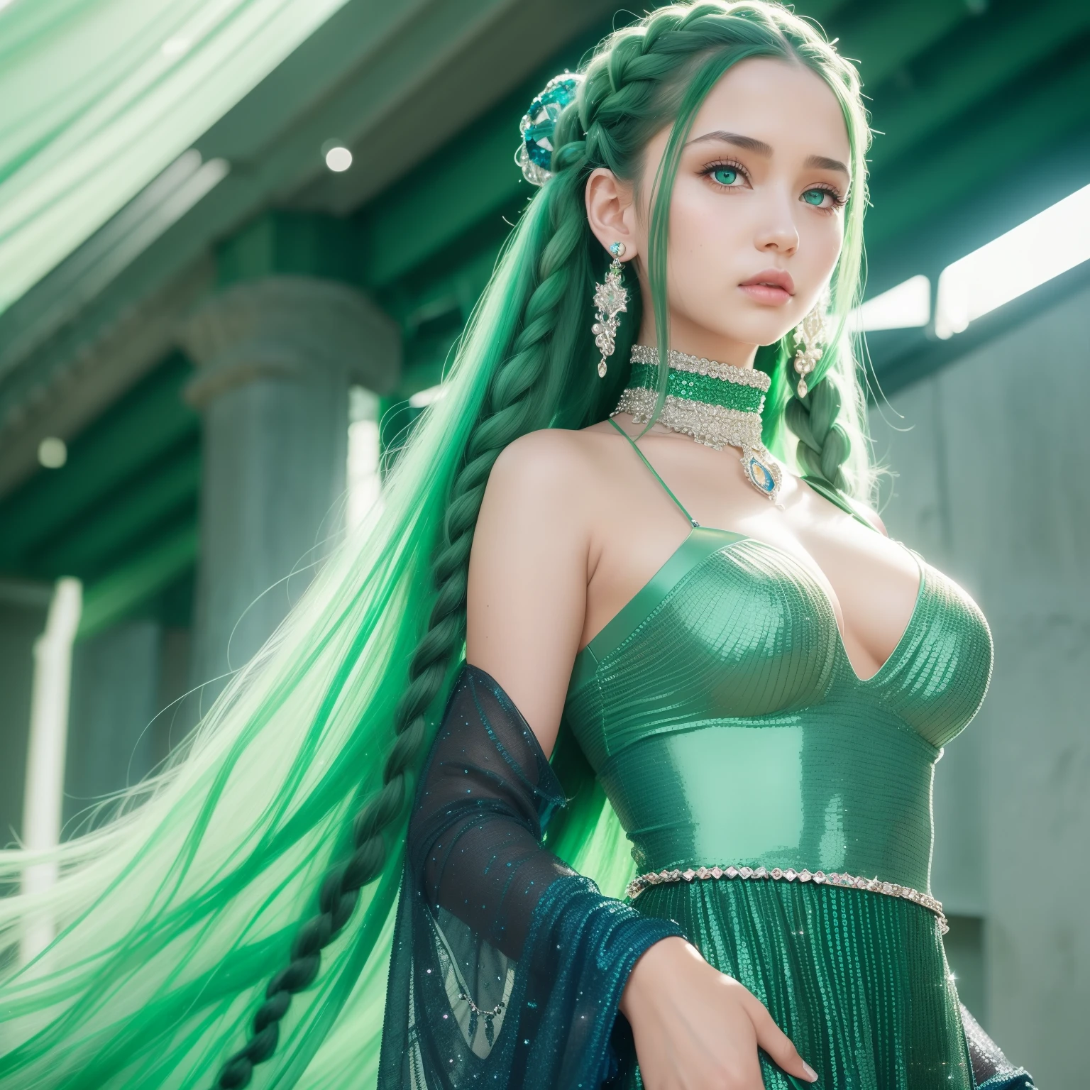 An extremly beautiful girl with grey eyes, long green jelly braids, wearing a green elegant rob with blue detached sleeves, large blue pedant around her neck (( sapphire clips)) in her hair ((covered in shiny crystals)) the style of guweiz, photorealistic