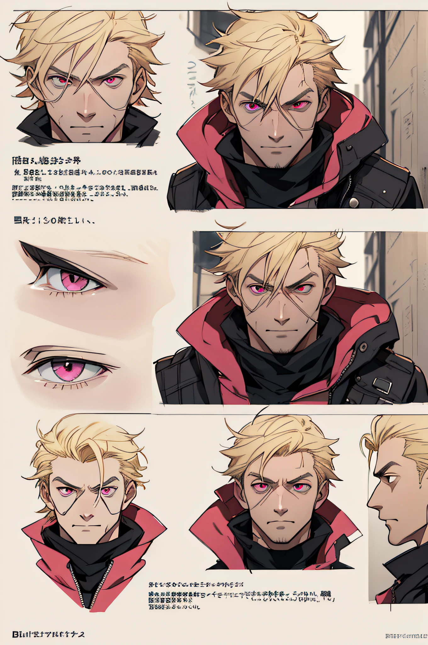 a man with blonde hair , pink eyes , spy mission , concept art , hndsome, anime