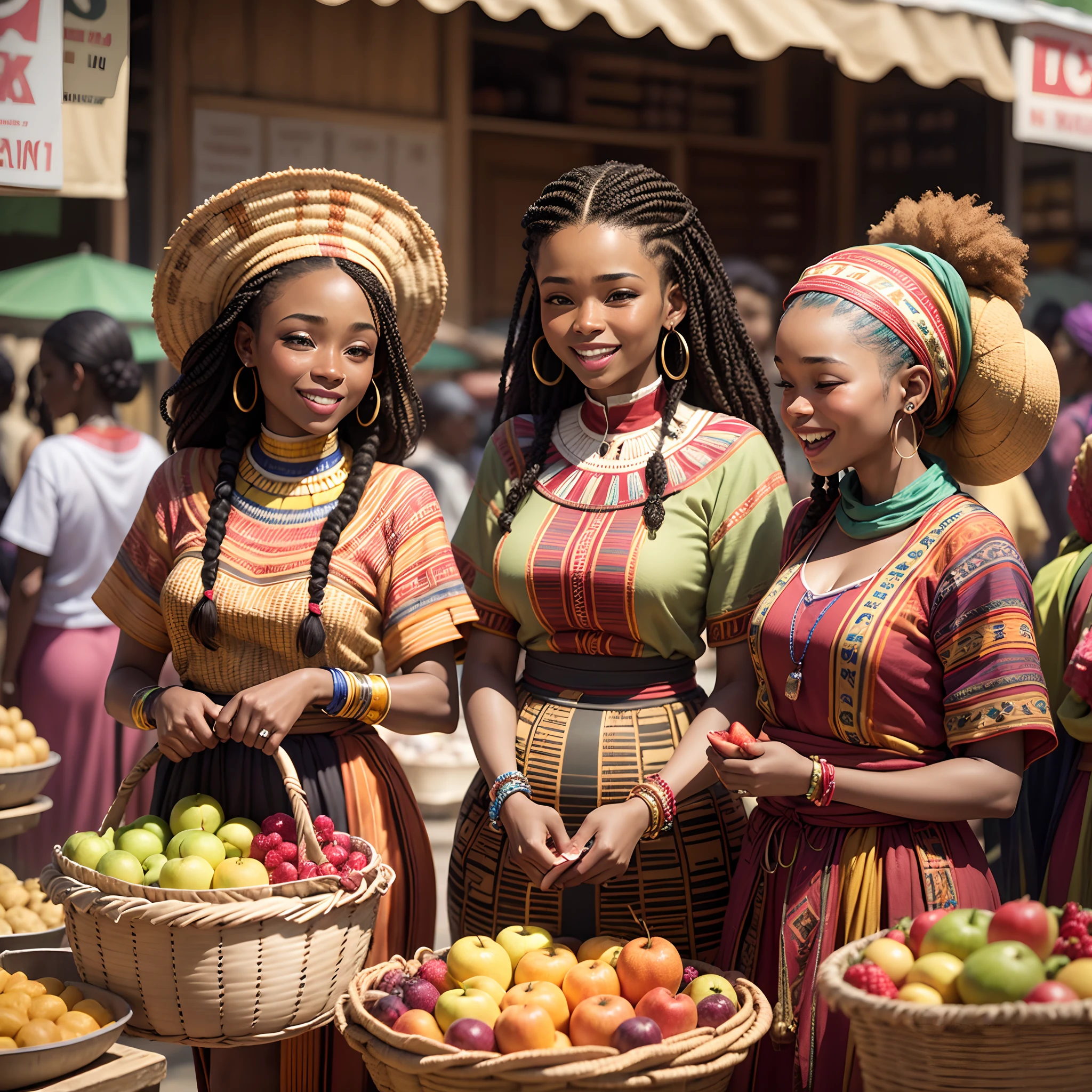 extremely detailed 8k picture of black women with baskets in a market. Create a personality. Each woman must be unique. All of them must be different shades of brown from caramel chocolate mahogany. Give them different hairstyles such as Afros cornrows braids and other modern. Make the market very lively and bustling. Some of the women are putting fruit in their African baskets others are laughing some are just talking to each other they are traditionally dressed in various tribes attire some of the women are Nigerian igbo tribe. make it hyper realistic --auto --s2