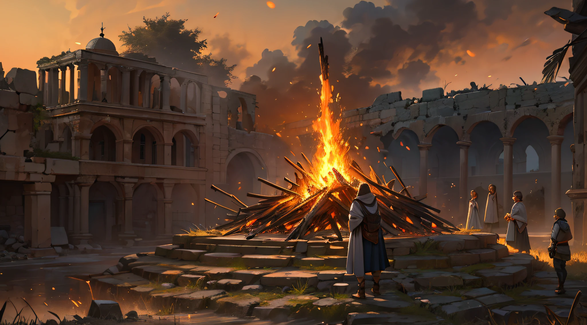 King in front of a large bonfire three meters high, entardecer, quase noite, a fogueira ilumina tua a sua volta, Retrato fotorrealista, 4k resolution. Background Story: Epic battlefield with ancient ruins.,UHD 32k, melhor qualidade, master part, super detalhe, detalhes altos, Bible, Bible stories