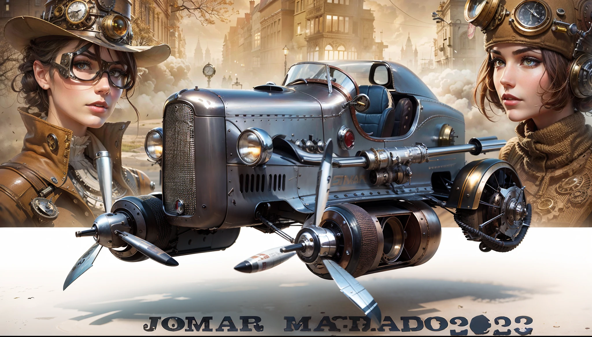 Flying vintage race car in the foreground with two gorgeous steampunk women in the background in front of steampunk buildings
