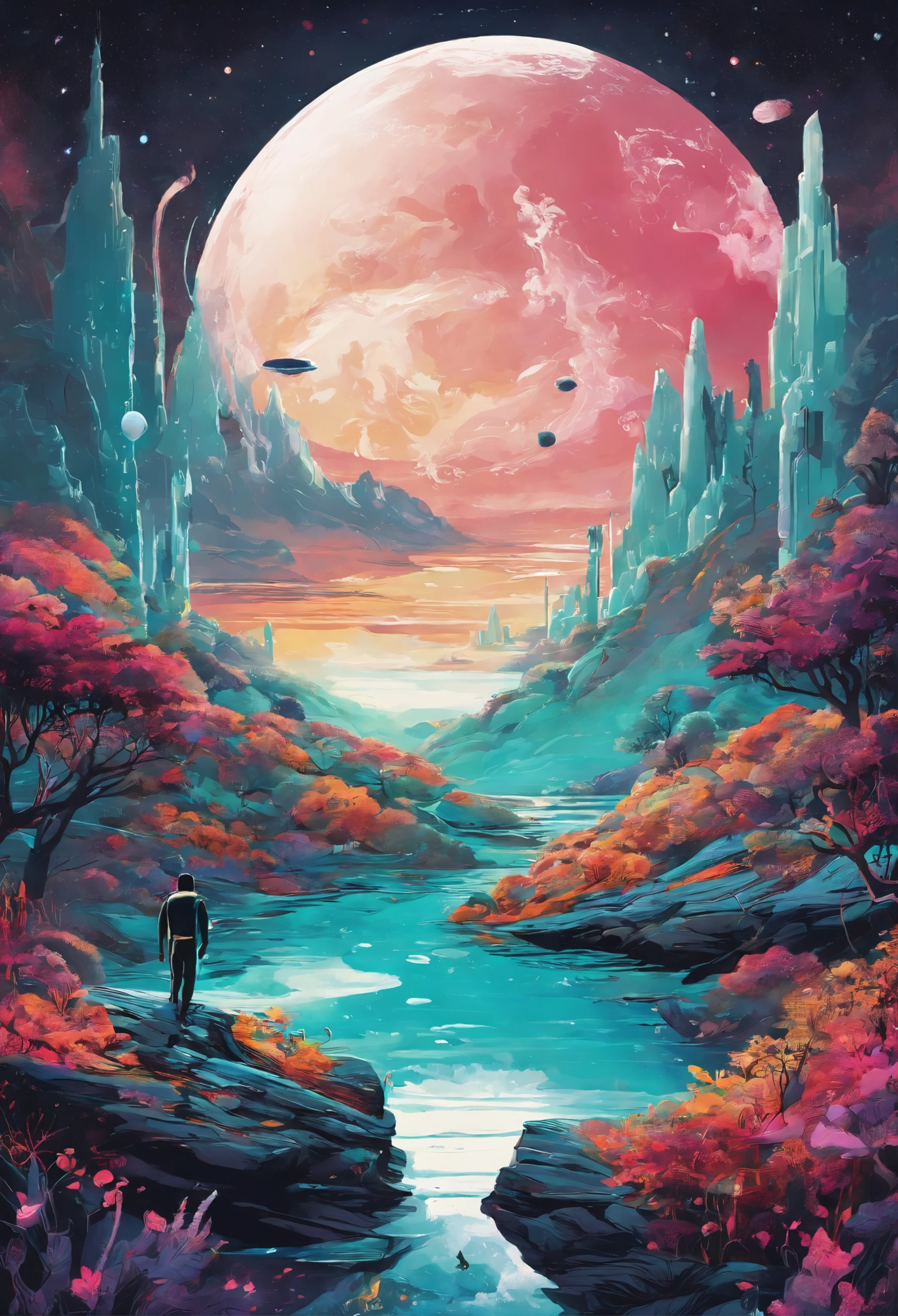 Morning was waking up on an unknown planet, Like shaking off particles of night fog. gradually, The silhouettes of plants and the contours of the landscape became more and more distinct in the light of the rising sun. cosmonaut, shrouded in his spacesuit and with a reflective visor, stepped out of his spacesuit, His heavy footsteps echoed in the soundlessness of the planet.
The air on this unfamiliar planet was saturated with aromas, never encountered by the human sense of smell. The thick and sweet smell of flowers mingled with the spicy notes of unknown plants. Wei beside him, A light mist swirled, creating an atmosphere of mystical miracle and absolute silence.
The planet seemed to be the artist's canvas come to life. A certain visible and invisible oceans stretched before the eyes of the astronaut, boasting a variety of shades from turquoise to deep blue. Islands, covered with strange and magical trees, shone on the surface of the water, Like little gems.
In the distance, on the remote peaks of the mountains, The local creatures seem to have watched him with their bright eyes – their shapes and colours were so wonderful;, As if they came straight out of a fantasy world. The space traveler felt, that these creatures are the key to the mysteries and secrets of this unknown planet.
The morning wind caressed the astronaut's face, carried the gentle notes of the melody, that no one has ever heard. It was created by the whisper of plants, the sound of water, and the breath of nature of the planet itself. This harmony of nature penetrated into his heart in an instant, filled his soul and gave him strength to continue on his way, exploring the mysterious worlds of the universe.
And here it is, imbued with this magic, The cosmonaut decided to explore further. He moved forward, between azure lakes and fields of unprecedented beauty, adapting to the incredible nature of this planet with each step. He didn't know, What else is yet to be discovered by him in this mystic