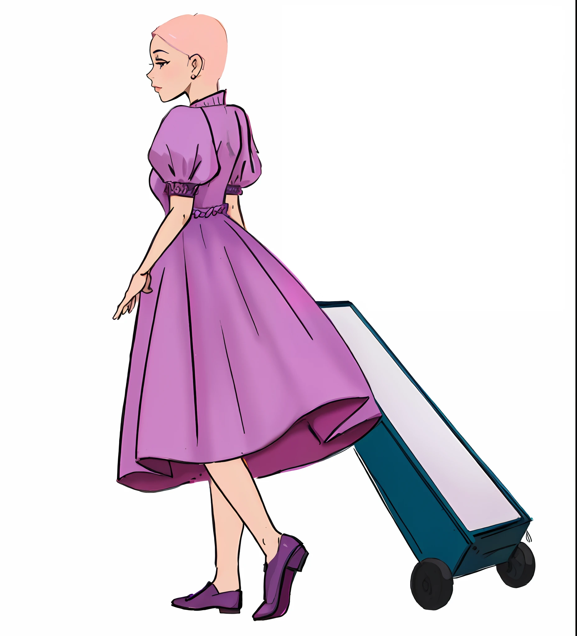 desenho animado de uma mulher em um vestido roxo puxando uma mala, arte digital de um elegante, stylized digital illustration, distant full body view, wearing a pink ballroom gown,