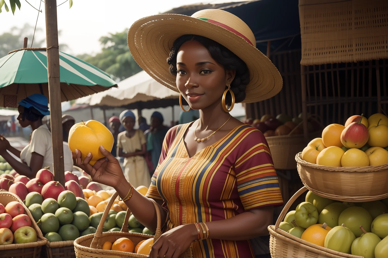 woman walking down the street carrying a large basket on her head, africana woman, africana, by Ingrida Kadaka, anthropological photography, vibrant hues, Afternoon Sunlight, por Chinwe Chukwuogo-Roy, a woman walking, wearing an africana dress, por Lily Delissa Joseph, africana arts, by Matteo Pérez, Afternoon Sun, Absolutely remarkable image, Zaha Hadid architecture in the background, in the middle of Africa