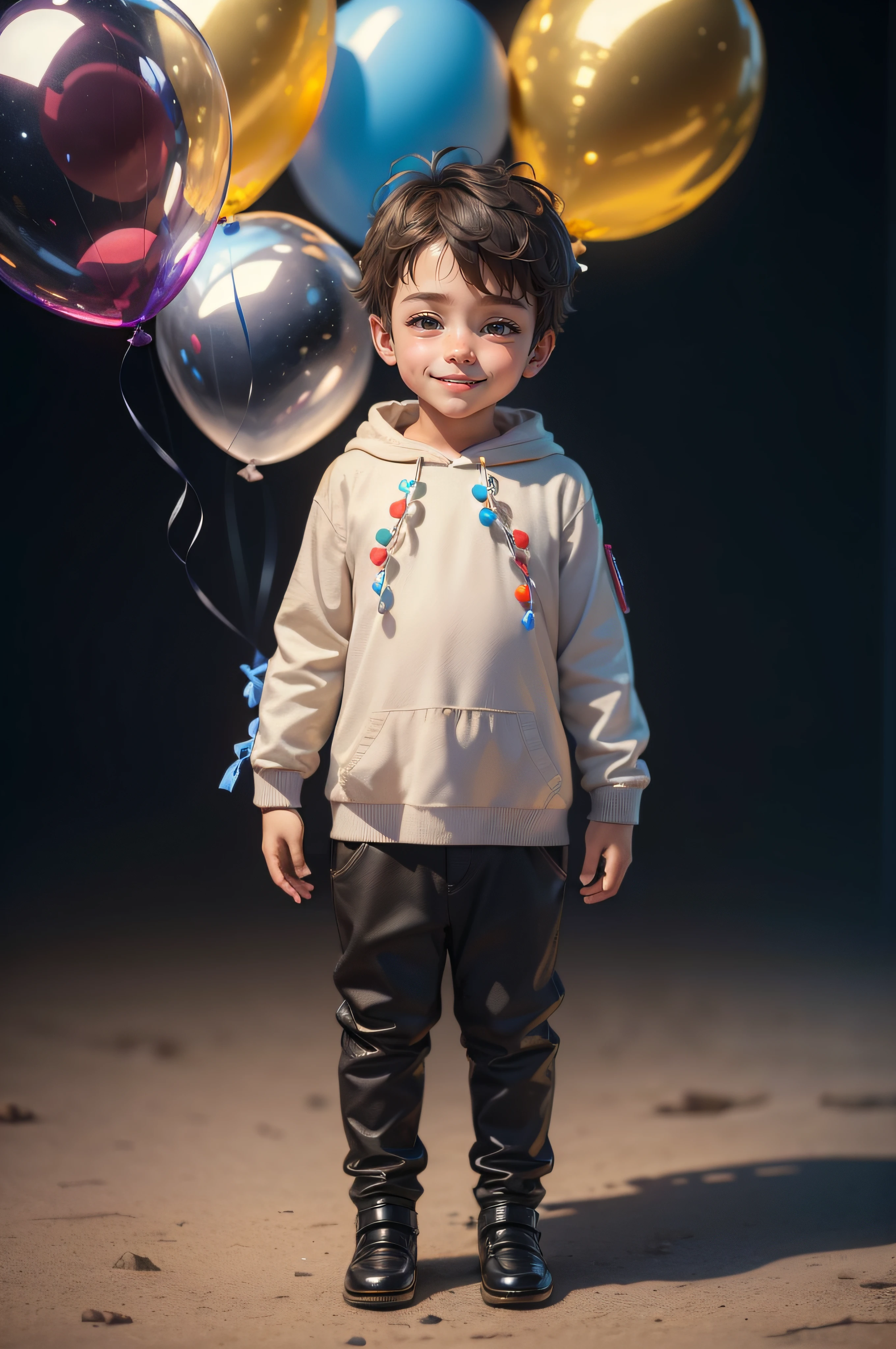 (full body:1.2), (masterpiece, best quality:1.4), SMILING boy, , many balloons, happy, , perfect quality, clear focus (clutter - home: 0.8), (masterpiece: 1.2) (realistic: 1.2) (bokeh) (best quality) (detailed skin: 1.3) (intricate details) (8K) (detail eyes) (sharp focus), (happy),Space Stage