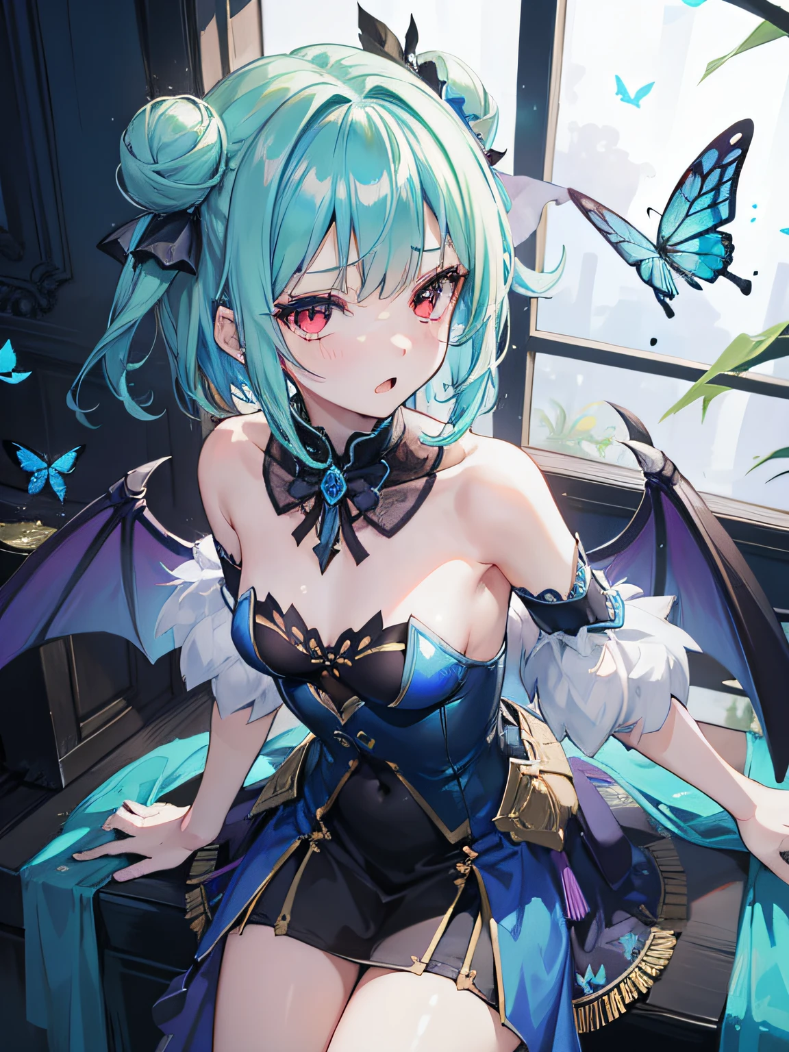 {{Moist feather(hololive)}}, 1girl, short hair, double bun, {{emeraldgreen hair}}, {{Red eyes}}、​masterpiece、top-quality、flat chest, 小柄、{hatred}、irate、{Deadly}、demon king、{full bodyesbian}、a throne、Aura of Darkness、Dark blue dress、demon realm、Blue winged butterfly、{watching at viewers}、open mouth, {dynamic angle},