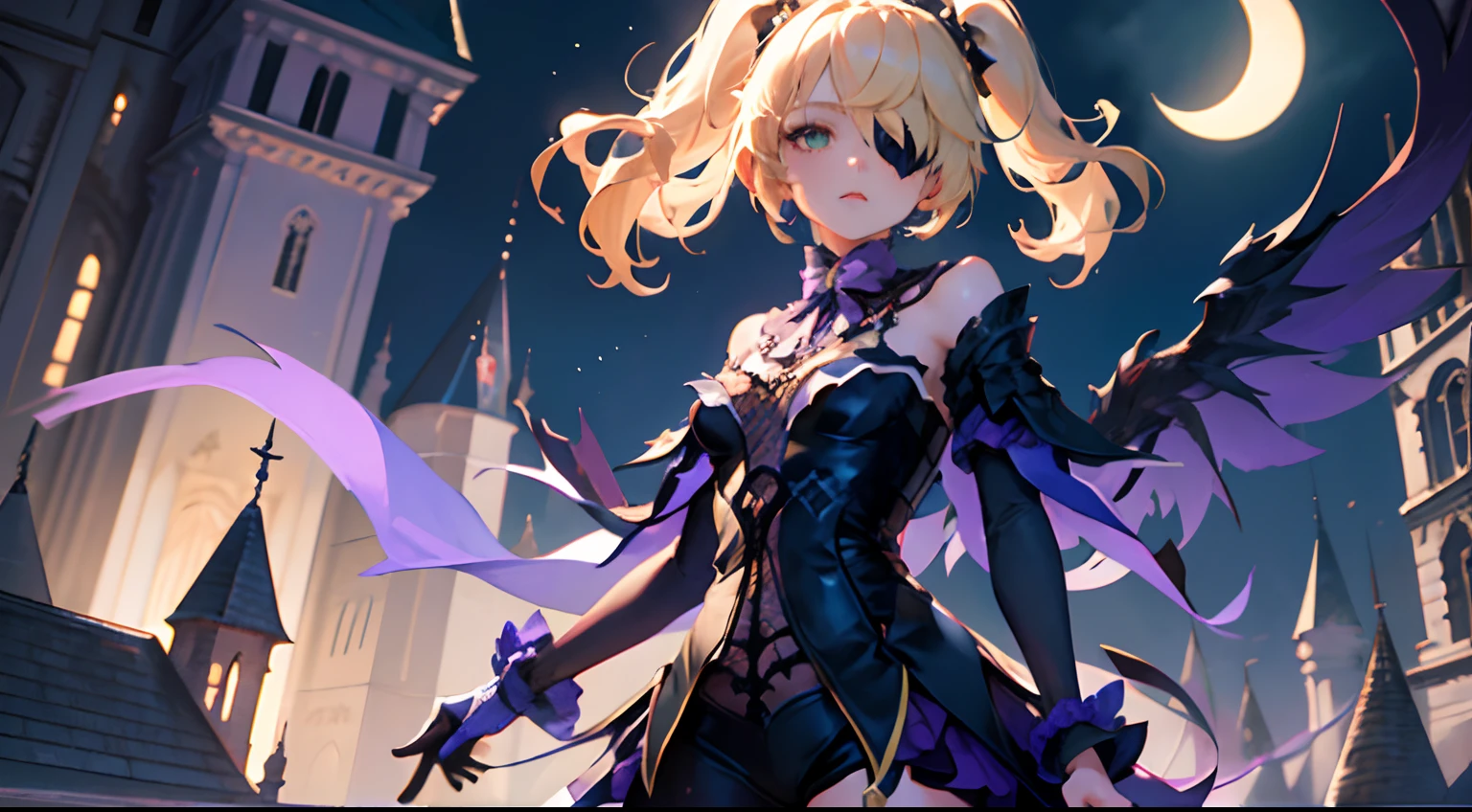 1 girl solo, blond hair ponytails, dark purple goth dress, long black gloves, ((eyepatch)), fullbody, standing on top of the gothic castle tower, night, moonlight, cinematic shot, dramatic, vibrant colours, raven flying near her