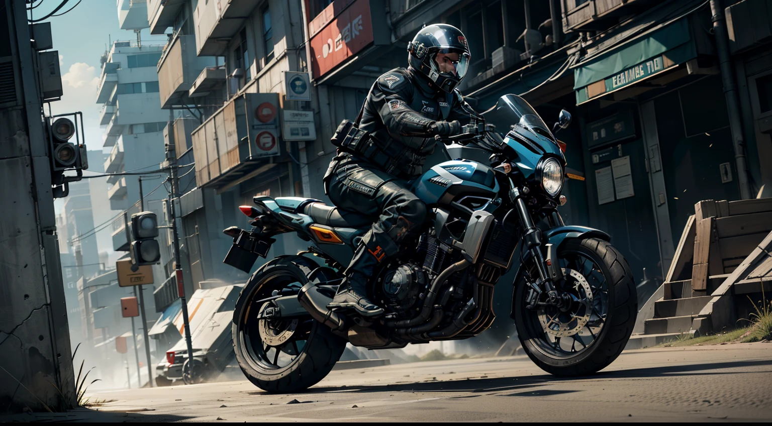 {best quality}, {{master part}}, {A high resolution}, Original, papel de parede 8k extremamente detalhado, A man wearing a police motorcycle helmet, Exterminador do Futuro 2, Dia do Julgamento, science fiction writer style, aventura, mega cidade, Power of apprehension