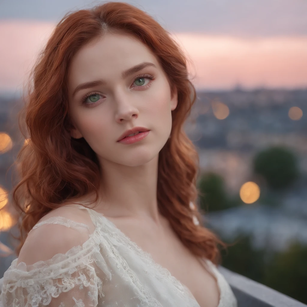 ((Masterpiece), best quality, HDR,UHD,8K), life-like realistic portrait of a beautiful sad girl with green eyes , curly red hair, white skin, feeling sadly with tears in her eyes, a black bracelet on her hand ,full body, standing on roof of a high apartment with a view of a big city, a light breeze, late at night ,dark sky, hyper resolution, extremely detailed , beautiful eyes, cute face