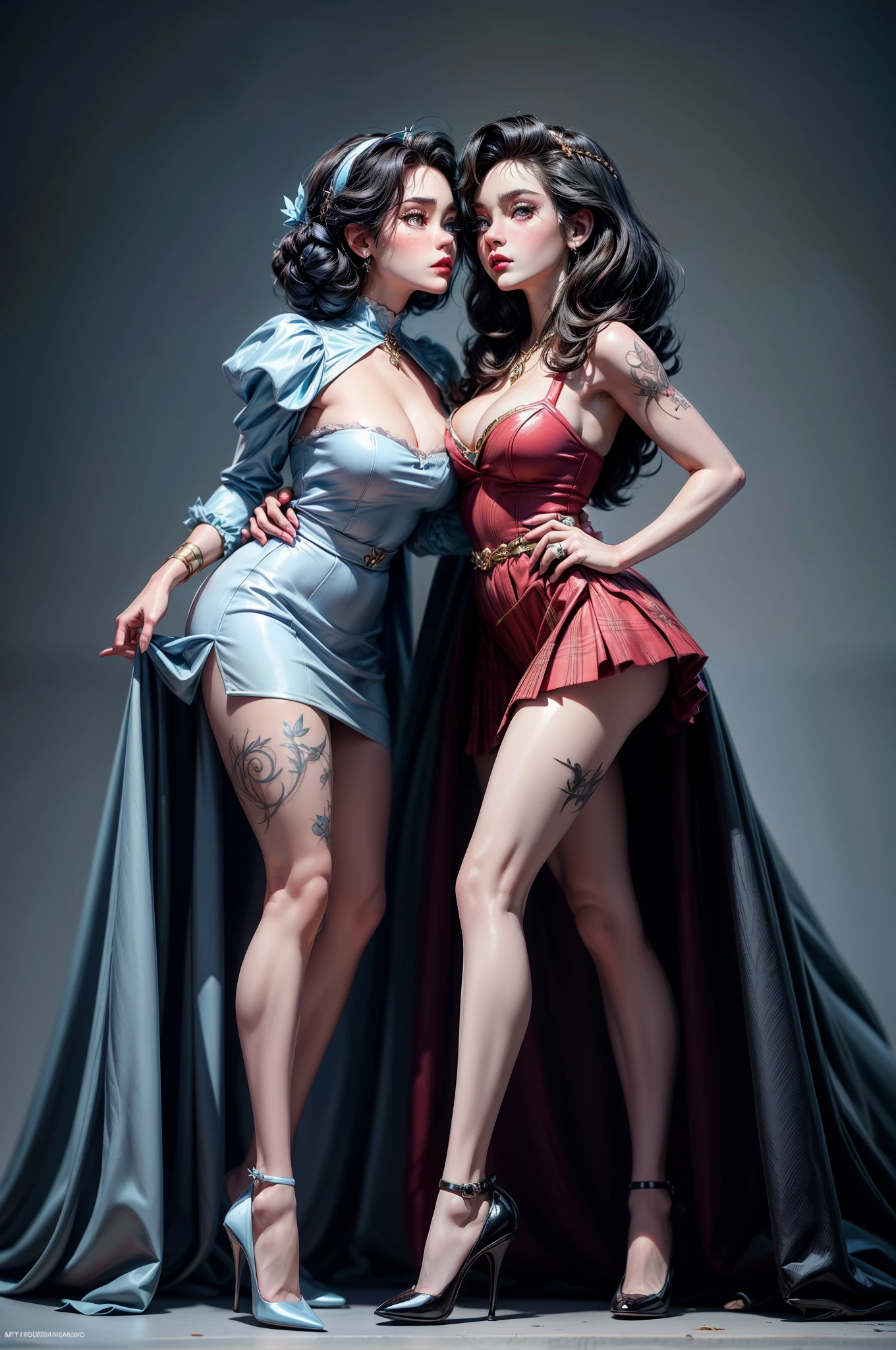 “Detailed and lifelike depictions of Cinderella and Snow White, both radiating a distinct pin-up style, stand close together, their faces inches apart, hinting at an imminent kiss. Dressed in miniskirts, stockings, and heels, their attire reflects the iconic colors of their traditional outfits, ensuring they're instantly recognizable as their respective characters. While their classic features are present, the pin-up flair is undeniable. Artful tattoos add a contemporary touch. Their postures and expressions, combined with their pin-up attire, create a fusion of classic Disney and vintage allure.” with any of the models you like