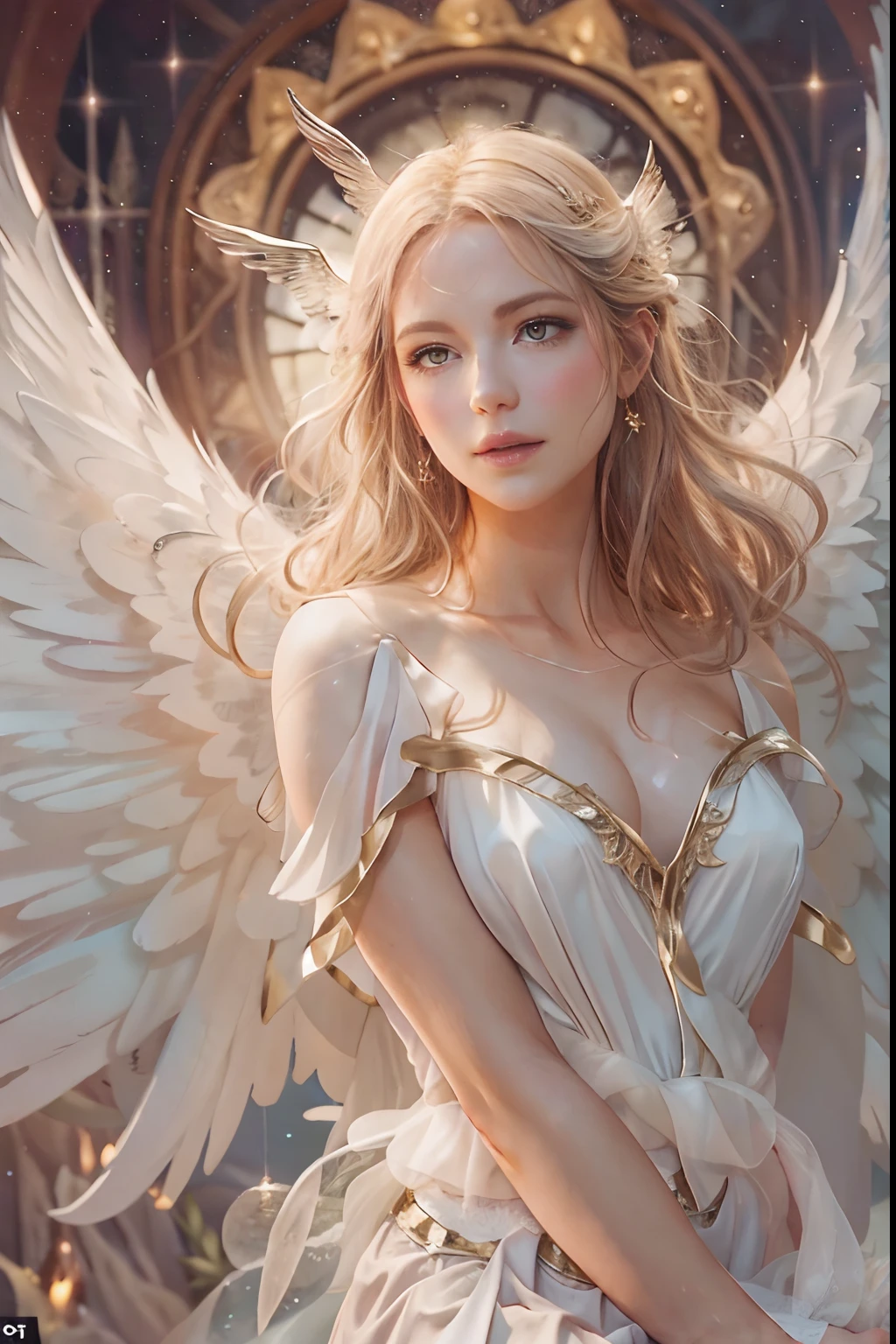 An angel is depicted with a pale and luminous complexion, their skin seemingly glowing with an otherworldly radiance. They are adorned with a pair of sparkling and graceful wings, symbolizing their divine nature. The scene is ethereal and enchanting, capturing the beauty and mystery of these celestial beings. angel, pale, luminous, complexion, glowing, otherworldly, radiance, sparkling, graceful, wings, divine, ethereal, enchanting, beauty, mystery.upper body,