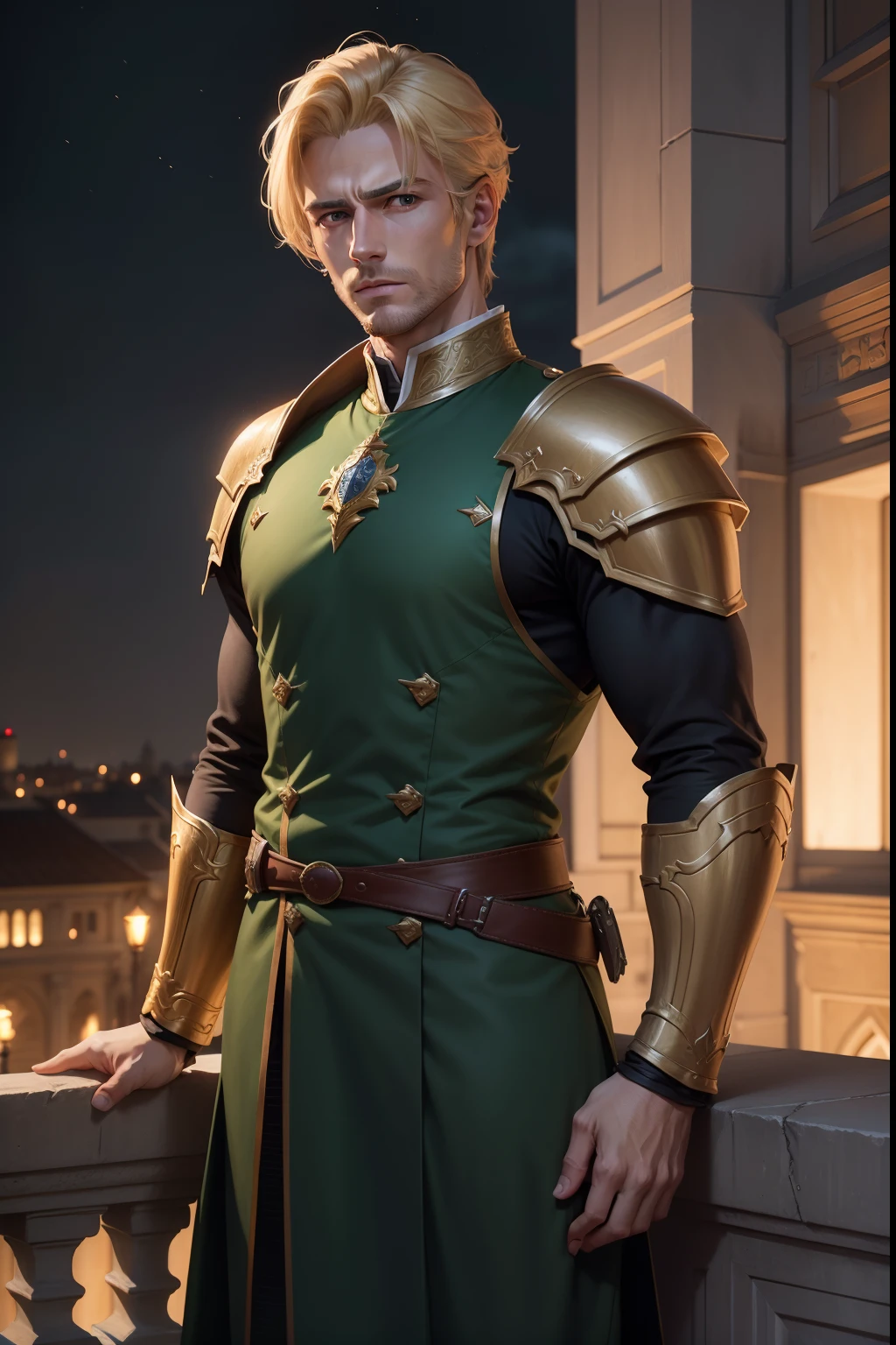 Realistic 8K image of a handsome man in his early 30s, blond hair with short, strong hair, extremely detailed green eyes, dressed in dark clerical clothes and with dark green RPG warrior style shoulder pads, sad expression, on an external balcony of a royal palace , Night, anime style artwork