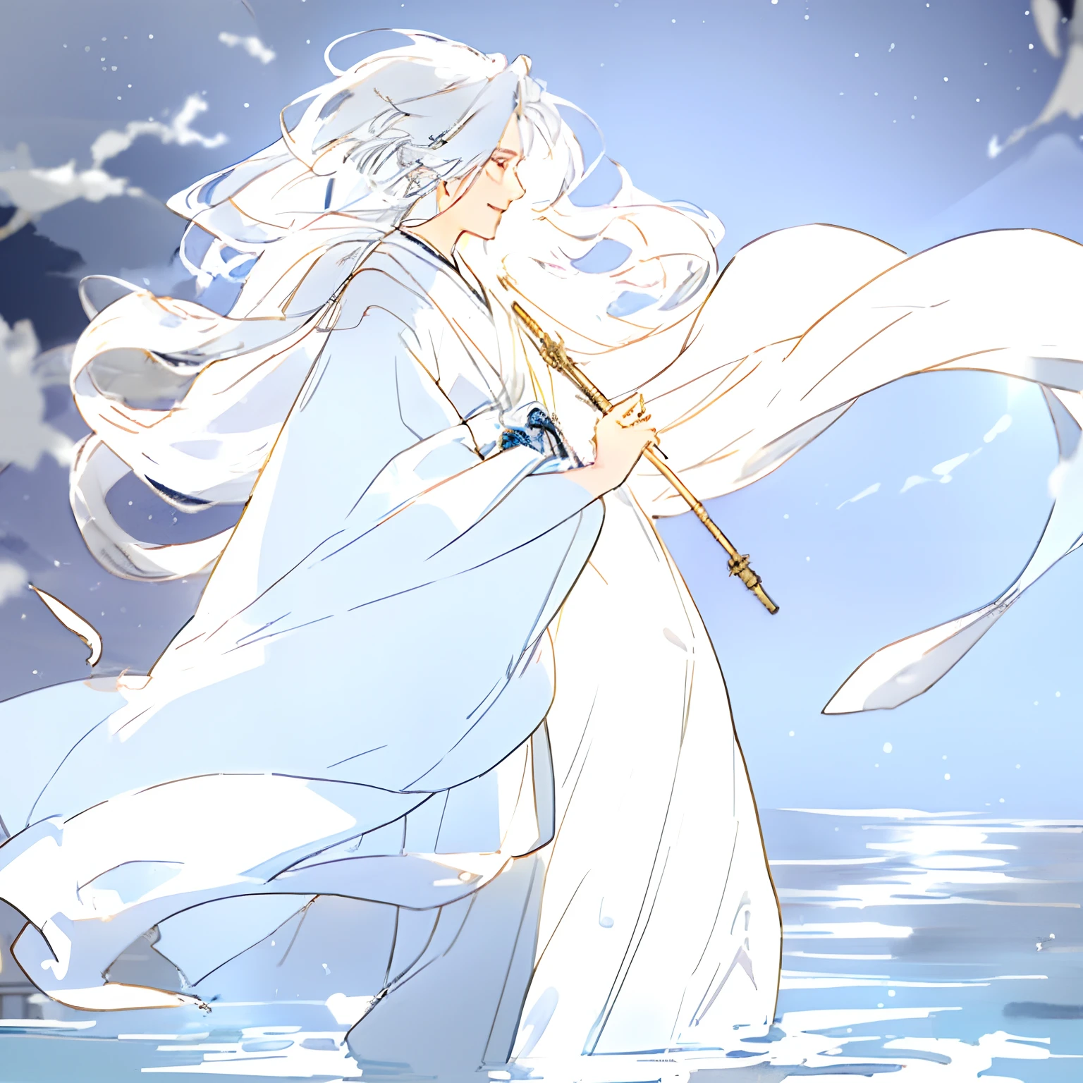 shoun,younge boy,White Hanfu,long white hair,Long flowing hair,Wide robe with large sleeves,年轻,Young,Ancient wind,Solid color clothes,The clothes do not have any patterns,adolable,laughingly,flood,softlighting,Flat painting style,aquarelle,water ink,Behind it is the full moon,low-saturation,low-contrast,big laughter,Pleasure