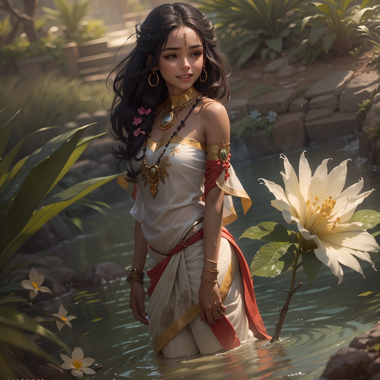 indiana nova, meninaada e bonita, sorriso suave, Dynamic Stance, dinamic angle, cigana, mistic, ritual, ritual espiritual, rpg, fantasia, fogueira, lua, Ornamento, Sari, Indigenous Garden, dia ensolarado, water, flor, hiper realisitc, Hiperdetalhamento, 8k