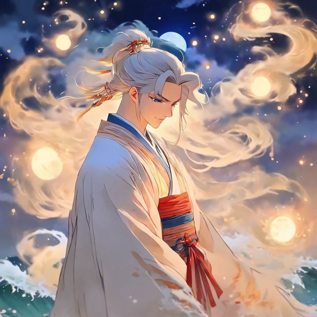 shoun,Young men,man,White Hanfu,long white hair,Long flowing hair,Wide robe with large sleeves,年轻,Young,Ancient wind,Solid color clothes,The clothes do not have any patterns,adolable,laughingly,softlighting,Flat painting style,aquarelle,water ink,Behind it is the full moon,low-saturation,low-contrast,big laughter,Pleasure