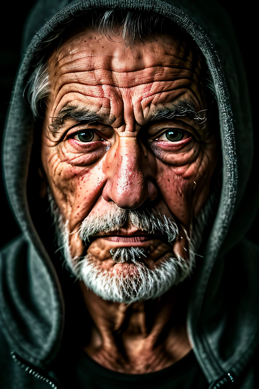 pretty elderly man, piercing and serious look, very realistic, with hood, hiding part of the face, in the dark with low light, image of the face with close-up. Overall ominous and mysterious image.