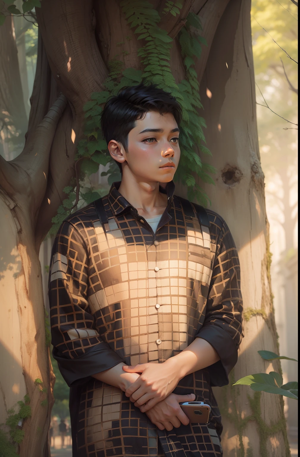Art, beautiful background,1 boy in front of a tree, anime face, phone in his hand.