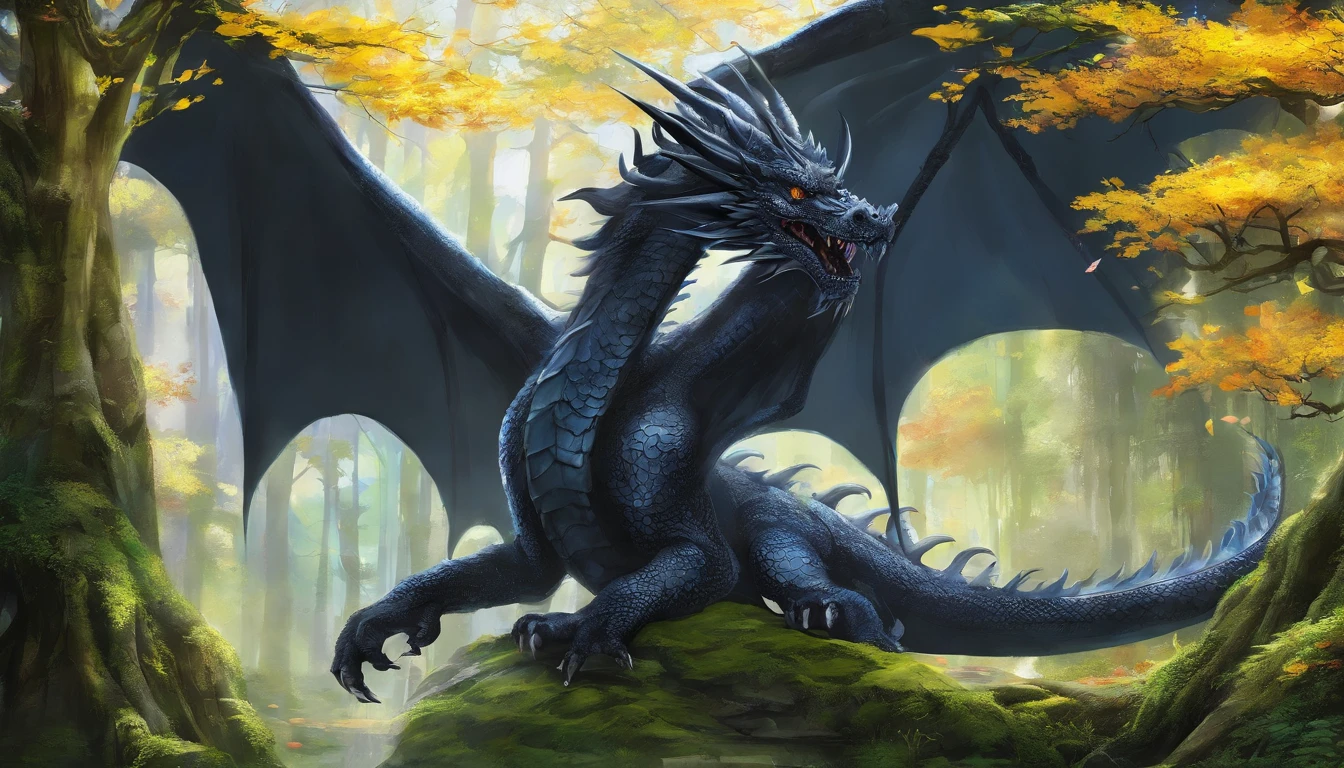 Draw a black dragon with heterochromatic eyes, sendo um olho azul e o outro amarelo. Don't forget the large, elegant wings with white membranes and sharp white claws, com a ponta da cauda pontuda e branca. Make sure the dragon scales are detailed and distinct, giving it an imposing appearance, whose form is that of a more or less defined dragon. In a magical forest setting with tall, lush trees. Add details of moss and colorful flowers on the ground. Make sure the environment conveys a sense of mystery and magic.