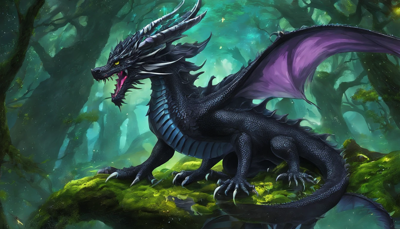 Draw a black dragon with heterochromatic eyes, sendo um olho azul e o outro amarelo. Don't forget the large, elegant wings with white membranes and sharp white claws, com a ponta da cauda pontuda e branca. Make sure the dragon scales are detailed and distinct, giving it an imposing appearance, whose form is that of a more or less defined dragon. In a magical forest setting with tall, lush trees. Add details of moss and colorful flowers on the ground. Make sure the environment conveys a sense of mystery and magic.