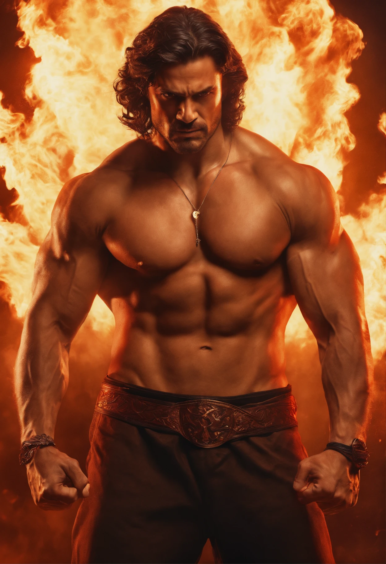 (best quality,4k,highres,masterpiece:1.2),ultra-detailed,realistic:1.37,portrait,angry man,staring,intense expression,furious man,glaring,fire flames in the background,menacing atmosphere,detailed facial features,rage,fierce eyes,strong jawline,wrinkled forehead,determined look,bulging muscles,flared nostrils,aggressively clenched fists,muscular physique,fiery red and orange color palette,dramatic lighting,high contrast,shadows and highlights,emphasized facial contours,smoke and sparks,dominant presence,chaotic vibe.