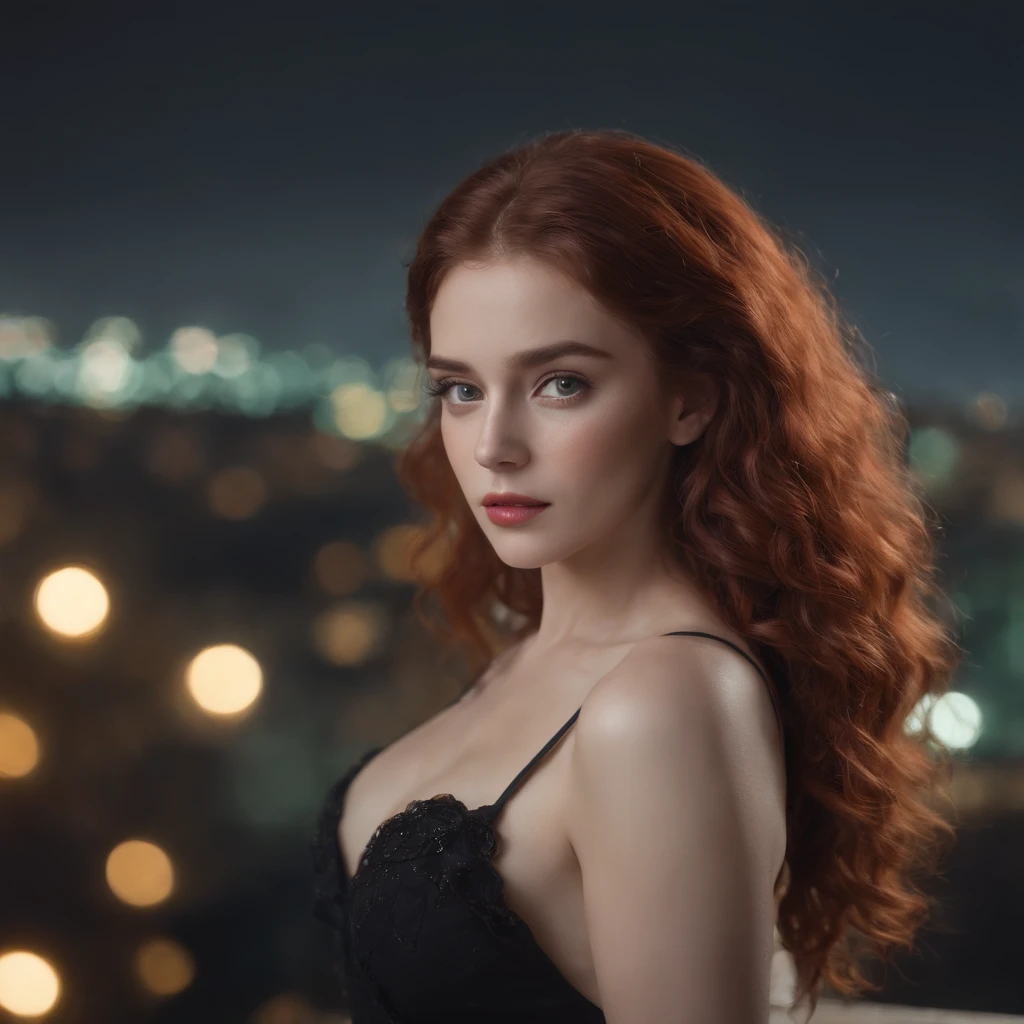 ((Masterpiece), best quality, HDR,UHD,8K), late at night ,dark sky, life-like realistic portrait of a beautiful sad girl with green eyes , curly red hair, white skin, feeling sadly with tears in her eyes, a black bracelet on her hand ,full body, standing on roof of a high apartment with a view of a big city, a light breeze, hyper resolution, extremely detailed , beautiful eyes, cute face