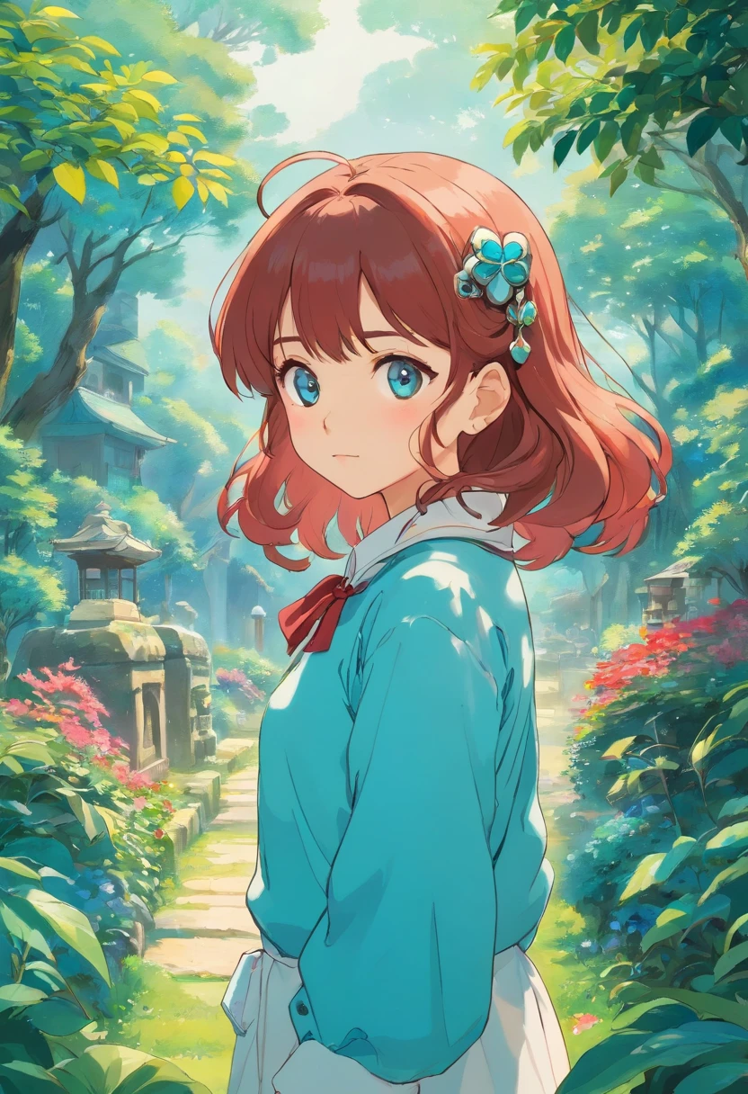 uma usando um colar de anime, um colar longo e brincos, no estilo de paisagens de jardim tranquilas, animated color photos, Masami Teraoka, aquamarine, Paulo Gauguin, Estilo Embry, retrato honesto