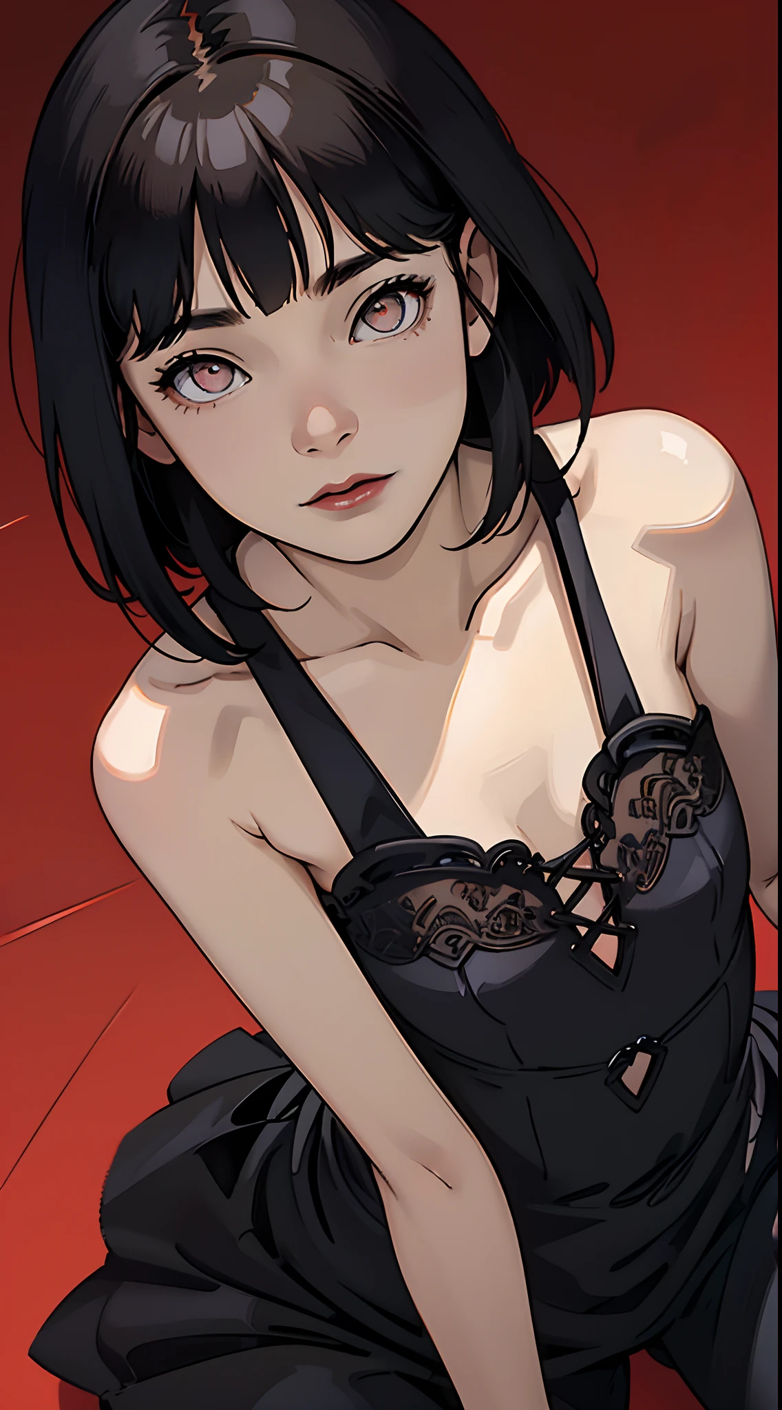 My sister with short black hair, red eyes, wearing a swimsuit, sleeping, kissing, angry face, focus on the lips.