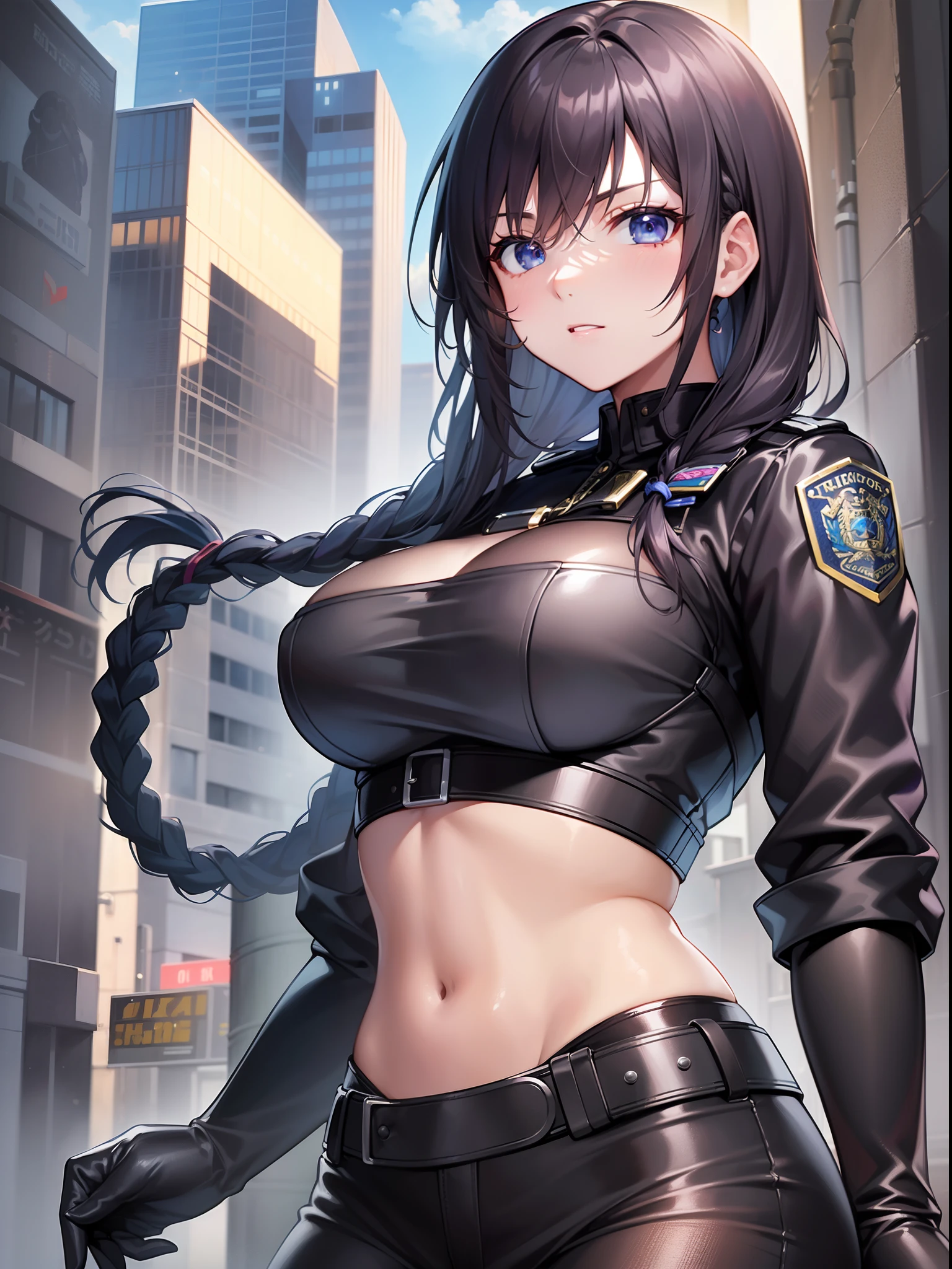 ((Finest quality)),(超A high resolution),(ultra-detailliert),((Best Anime)),sharpnes,vivid:1.1,The Art of Phenomenal Depictions, (1 female police officer),(A dark-haired,Long braided hair),