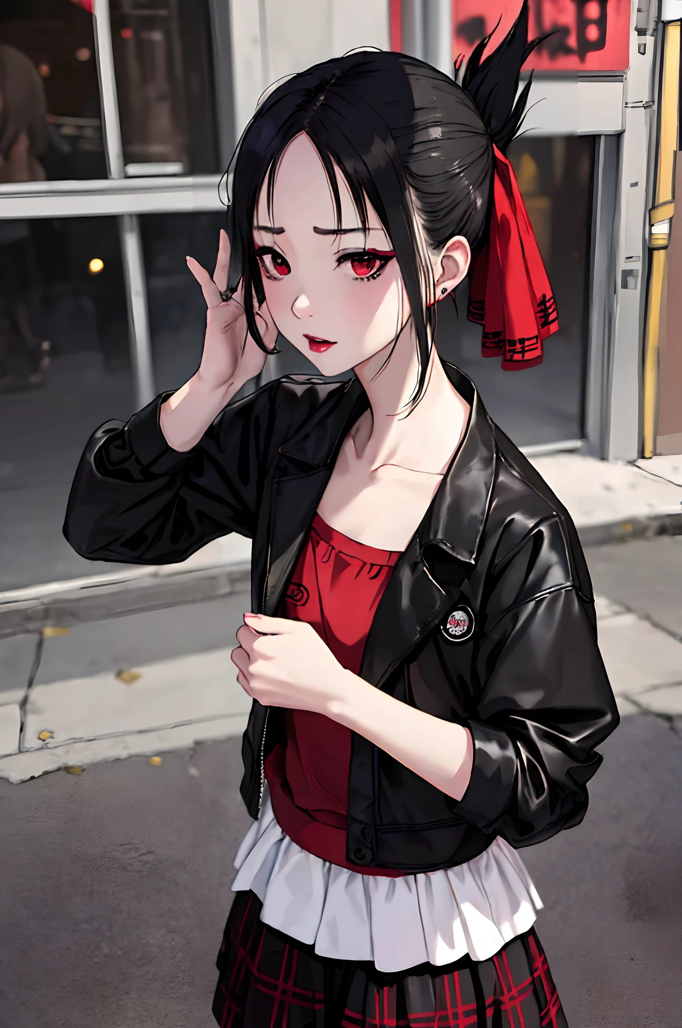 ((Kaguya Shinomiya))  (Masterpiece:1.2, Best Quality), (real picture, intricate details), 独奏, young girl, (hands in pocket), The clothes: edgy, Vanguard, Experimental appearance: shaved head or bold hair color, Dramatic make-up, Unconventional Fashion Choices Behavior: mutinous, Nonconformist, Provocative disposition: Urban Arts District, Underground Music Scene Hobbies: Attending a punk show, Creating art in mixed media, experimenting with different subcultures Values: individuality, authenticity, Creative Expression Inspiration: Punk rock music, Counterculture Icons, avant-garde artistic movements Character traits: courageous, courageous, unconventional.