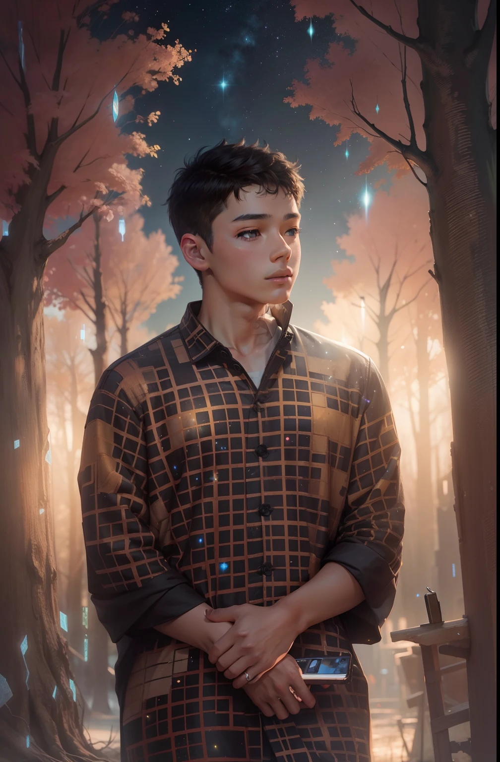 Art, beautiful background,1 boy in front of a tree, anime face, phone in his hand, galaxy in the sky.