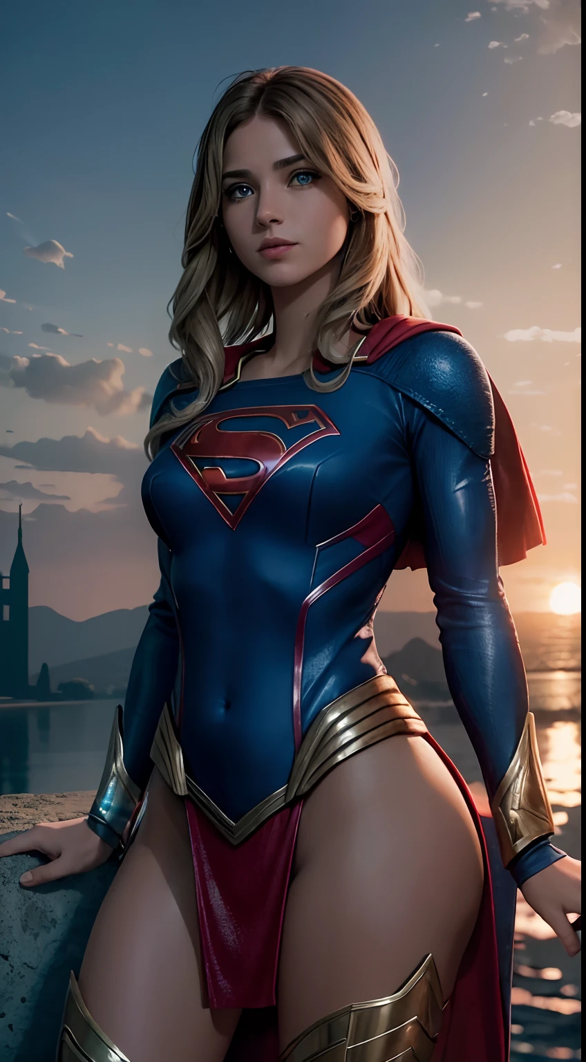 High cinematic quality, profesional photography, fantasy scene, Supergirl deteniendo un misil, Supergirl lleva  traje negro y dorado, sexy traje,con una capa flotante y una "S" en el pecho. El misil es largo y plateado, con aletas en la parte trasera y un cono en la punta, mostrando un aspecto futurista y amenazante.