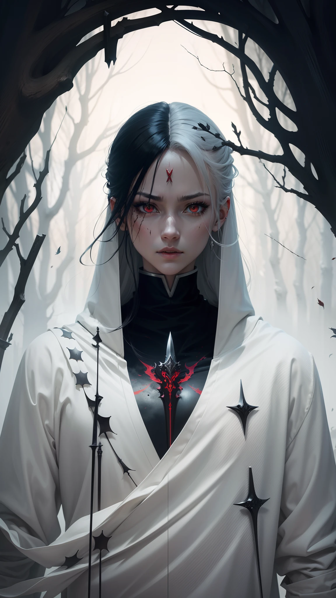 Anime. High quality. 8k. Red eyes. Sword. Excalibur. Grey skin. Black melted makeup. Windy. Autumn. Spirit.Equilibrium