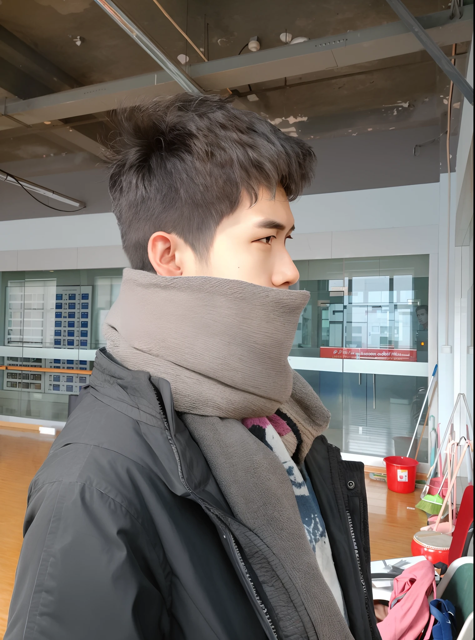 Sunset rooftop, height 190cm, 155 cm tall, Narrow Nose, f / 1. 9 6. 8 1 mm ISO 4 0, Wear a scarf, Student, side view profile, Cold, right side profile,, South Korean male