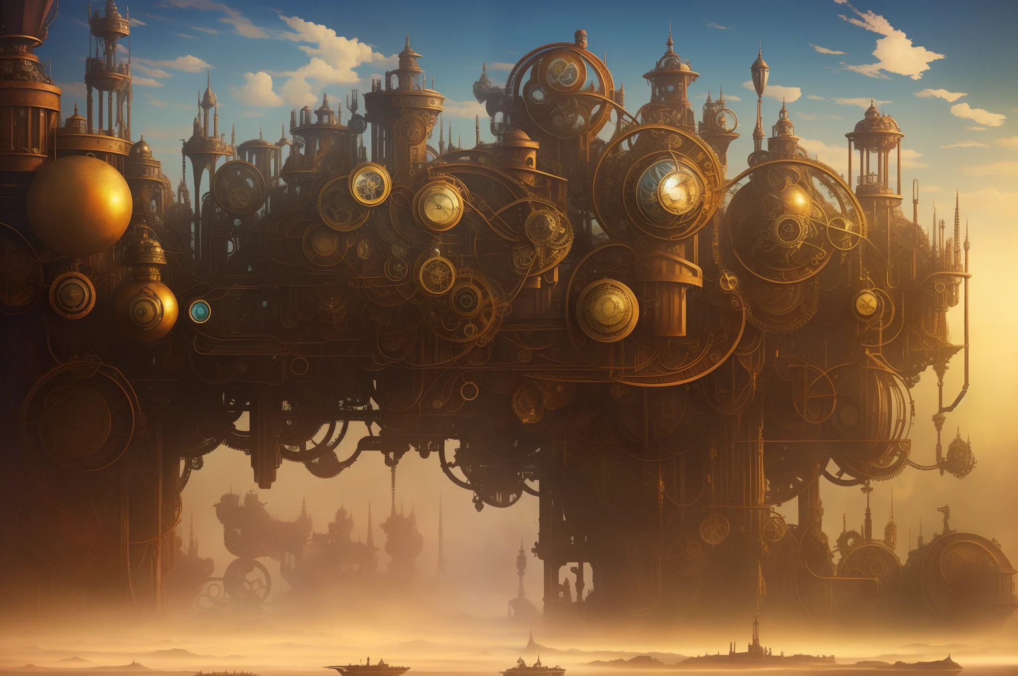 Imagine a surreal world where the steampunk aesthetic meets the dreamlike and fantastical elements of surrealism. Create a painting that features intricate, steam-powered machinery seamlessly integrated into a surreal and whimsical landscape. Incorporate surreal elements such as floating objects, distorted perspectives, and unexpected juxtapositions. Use a rich color palette that includes both the metallic and earthy tones of steampunk and the vivid, dreamy colors of surrealism. The result should be a visually captivating and thought-provoking piece that blurs the lines between the mechanical and the imaginative.